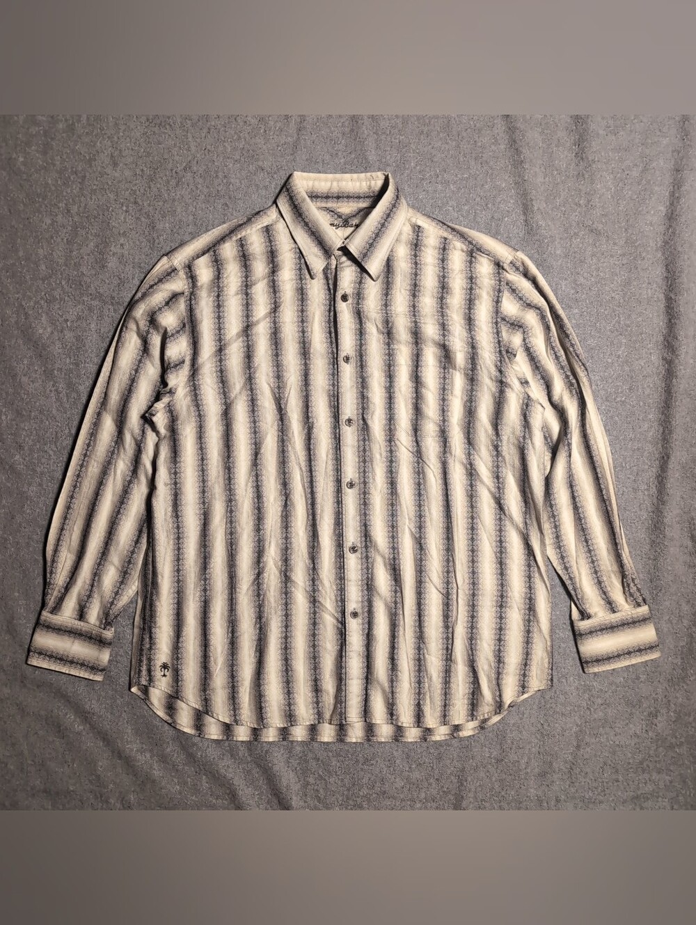 Tommy Bahama Cream and Gray Size Large Vertical Stripe Button-Down Shirt